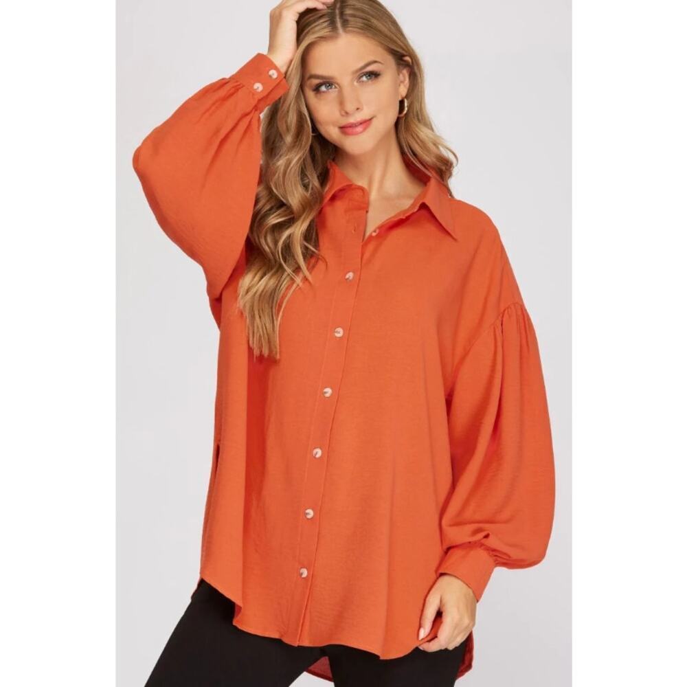 Rust Button Down Blouse Balloon Sleeve Flowy Top Size Small